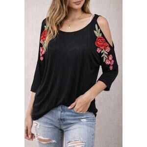 Eyeshadow Black Embroidered Floral Top Size Small Boho Sheer Blouse